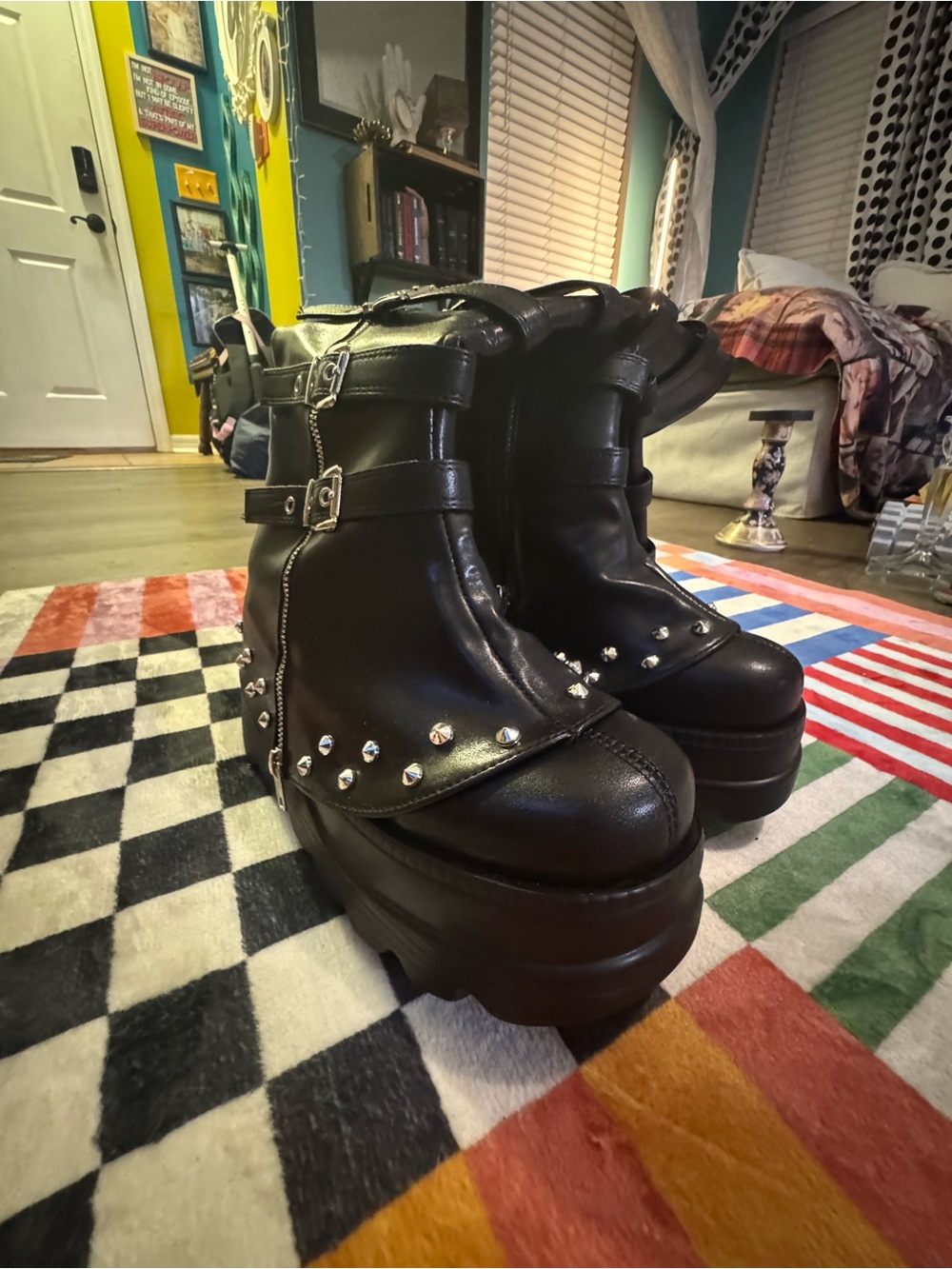 Black Studded Platform Ankle Boots - Women
